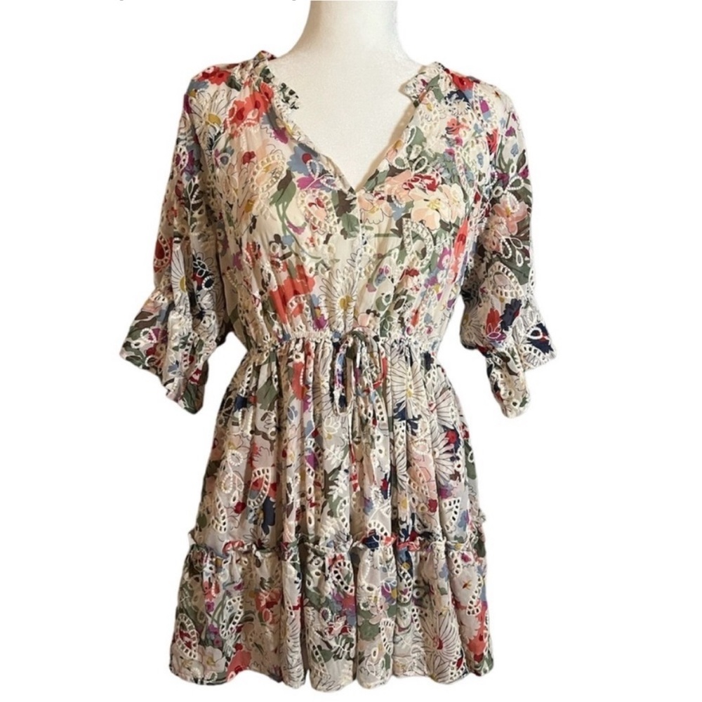 Anthropologie BTFL-life Embroidered Peasant Tiered Floral Mini Dress Size Small